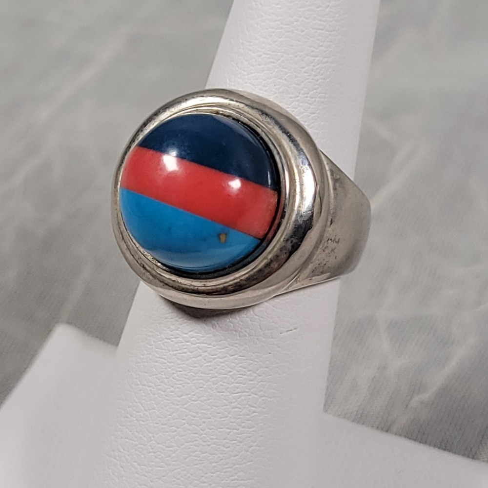 Multi Color Striped Silver Tone Ring Size 6 Stone Statement Band